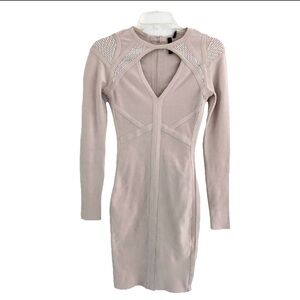 Marciano Women Peach Bodycone Dress Suze XS Long Sleeve Beaded Bandage Stretch